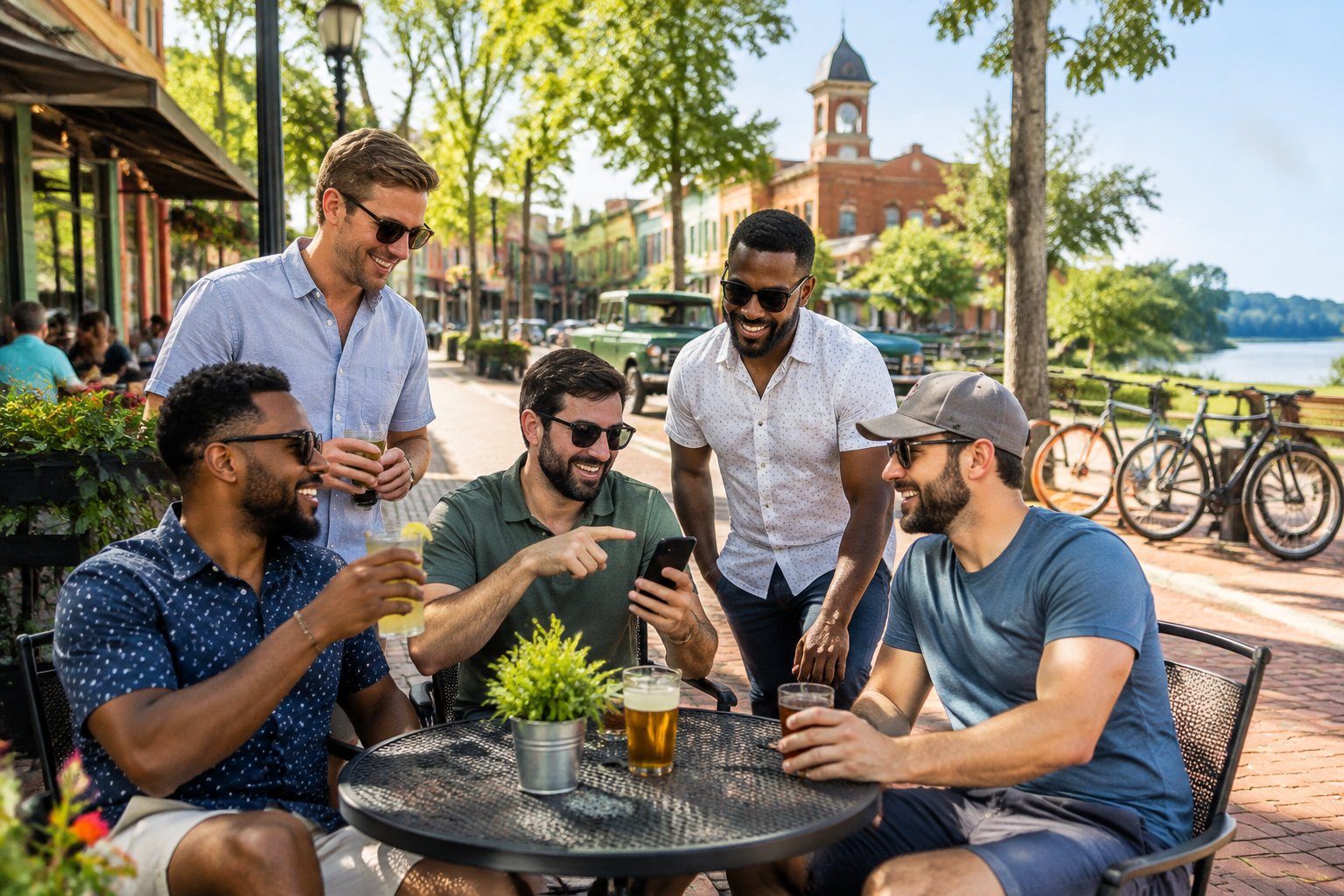 A group of friends enjoying a sunny afternoon together in historic downtown DeLand.