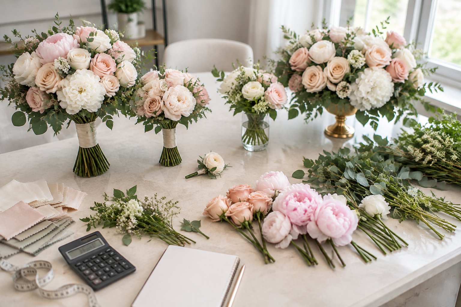 Wedding floral arrangements and individual flowers displayed on a florist’s worktable.