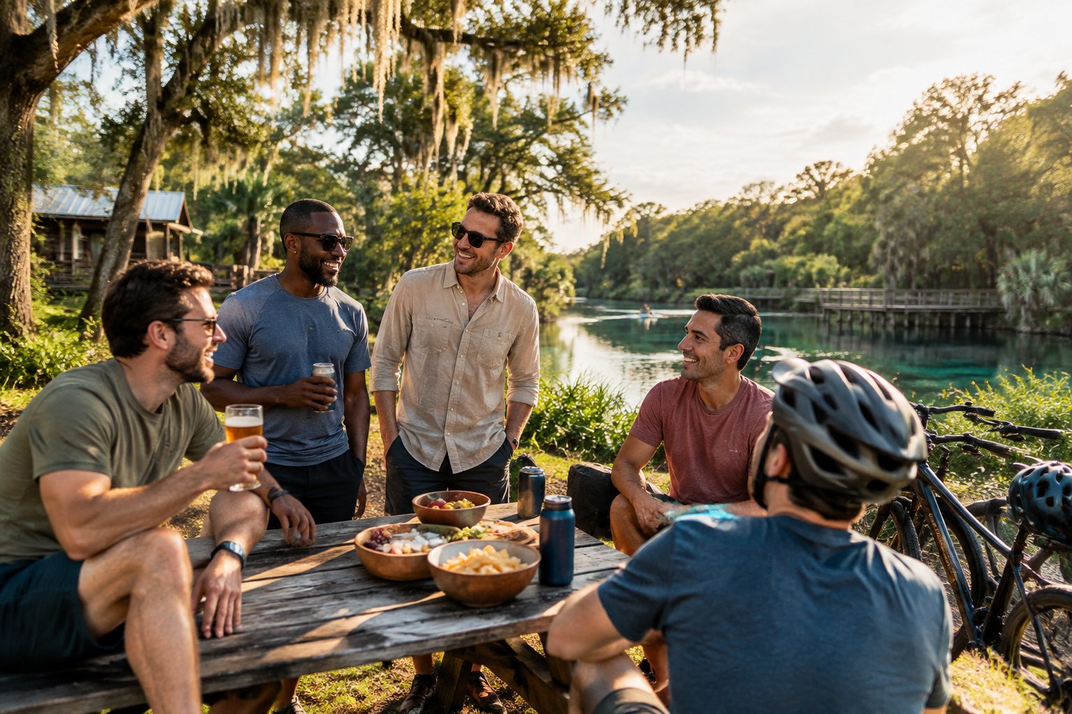 A group of friends enjoys a relaxed outdoor gathering near a scenic Central Florida park.