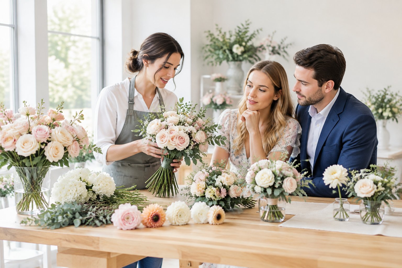 A florist and engaged couple compare wedding flower arrangements and bouquet options in a bright studio.