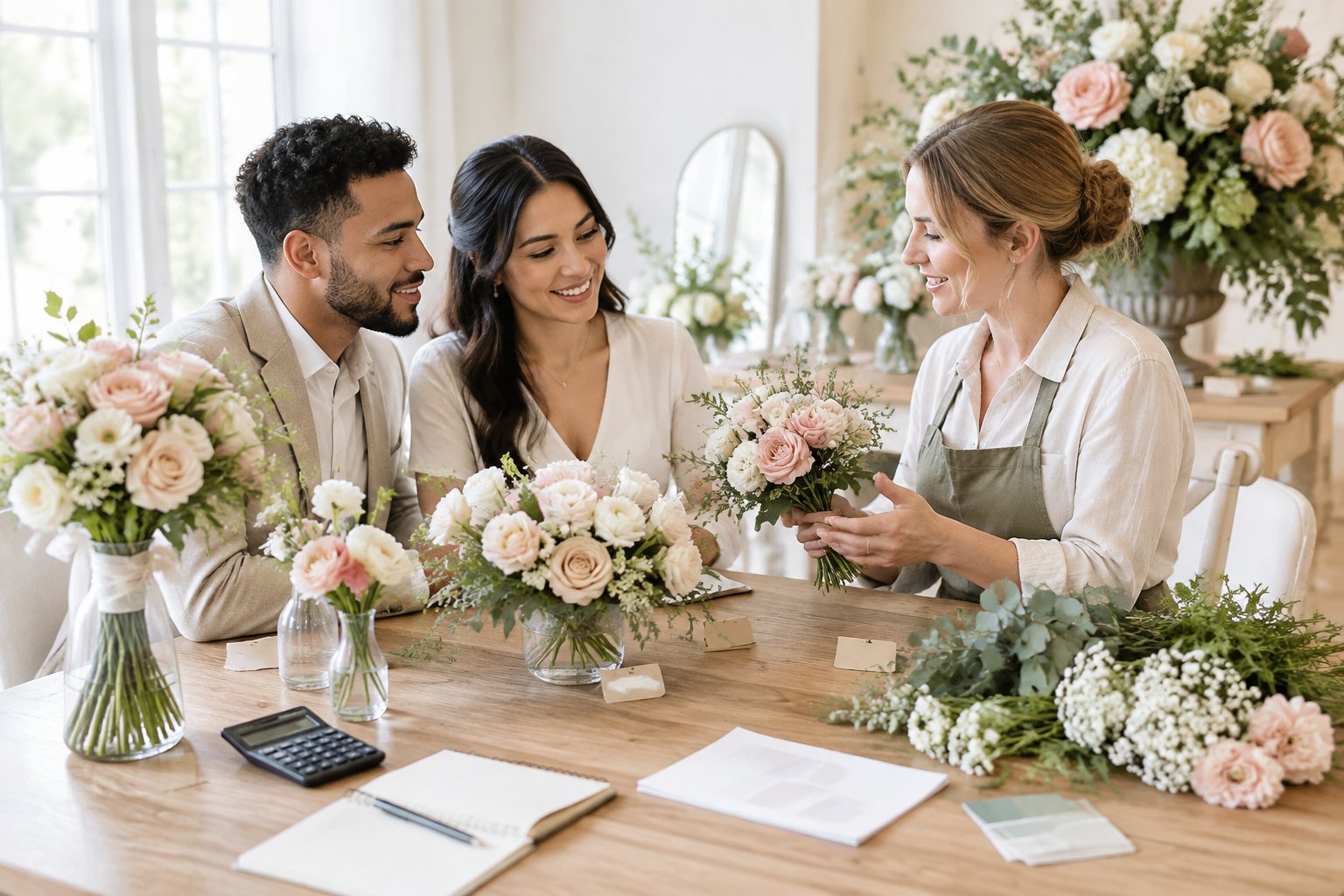 A couple discusses wedding flower options and a budget with a florist at a table surrounded by floral arrangements.