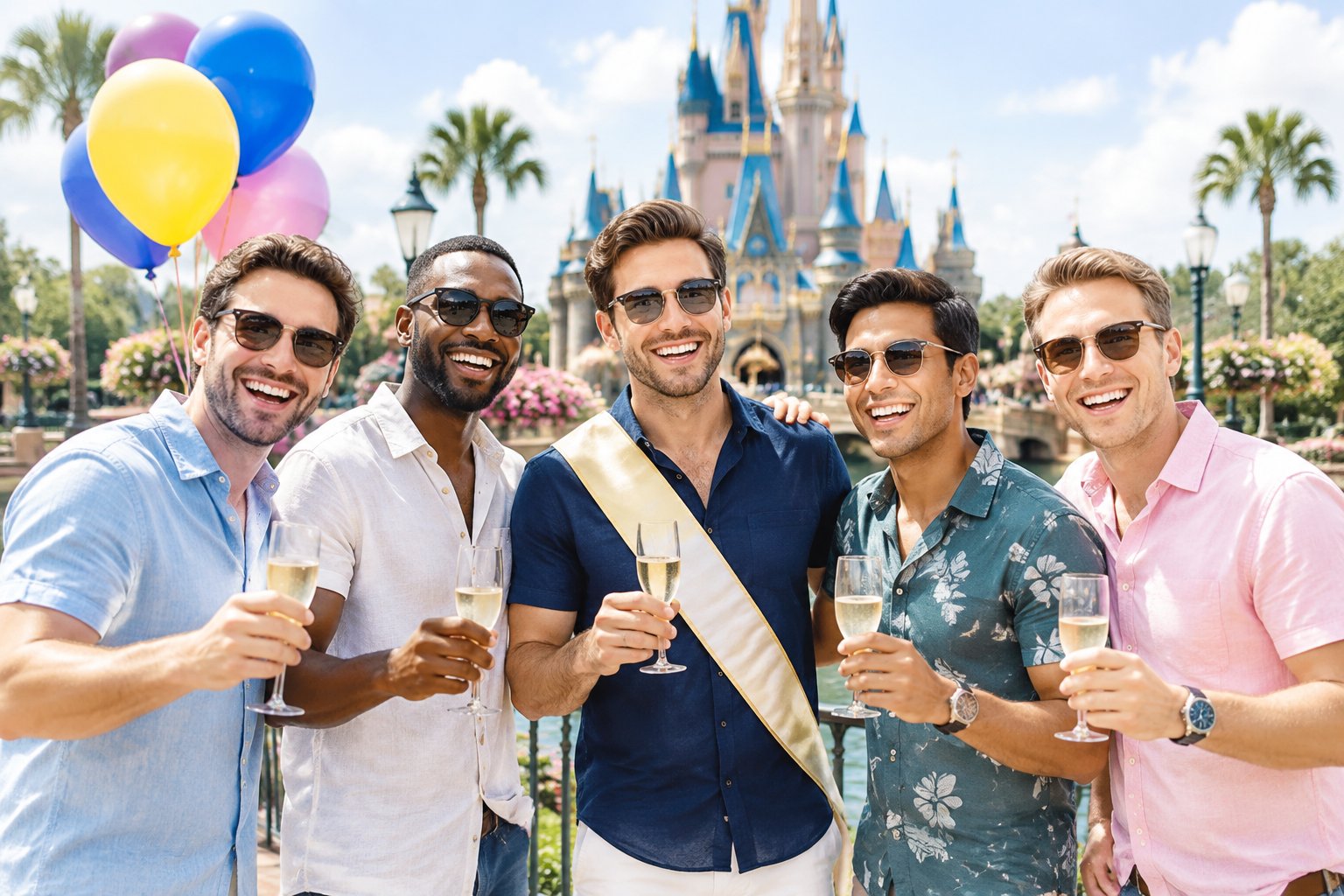 A group of adult friends celebrate a bachelor party near a colorful fairytale castle at a theme park.