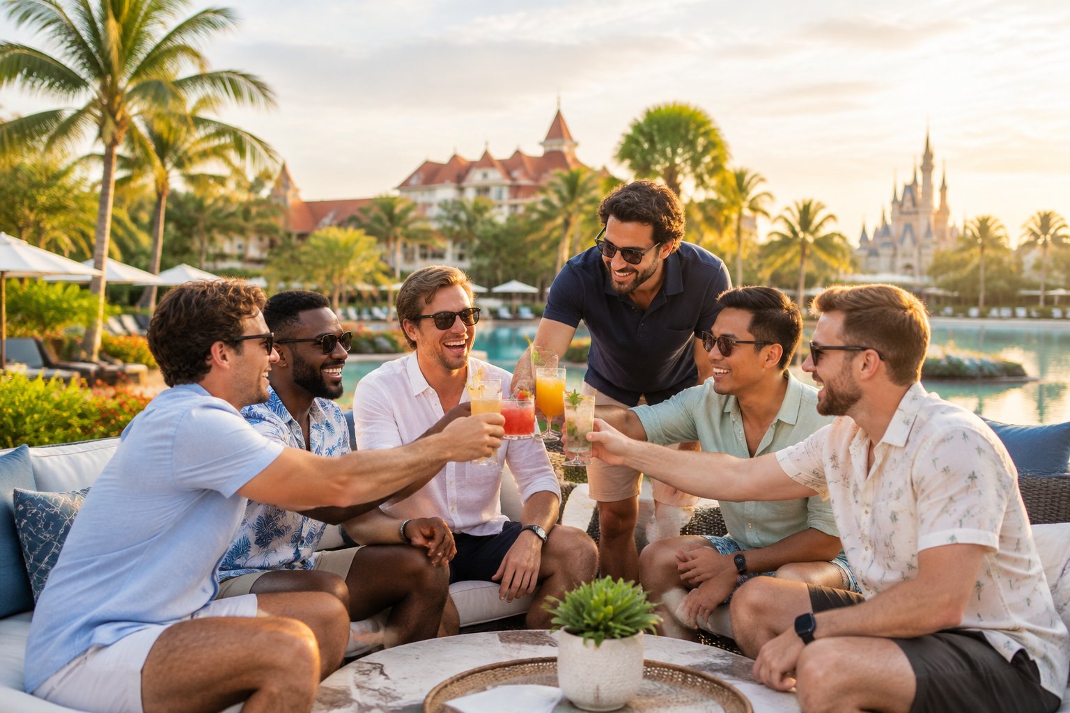 A group of adult friends celebrating together at a sunny tropical Disney resort pool.