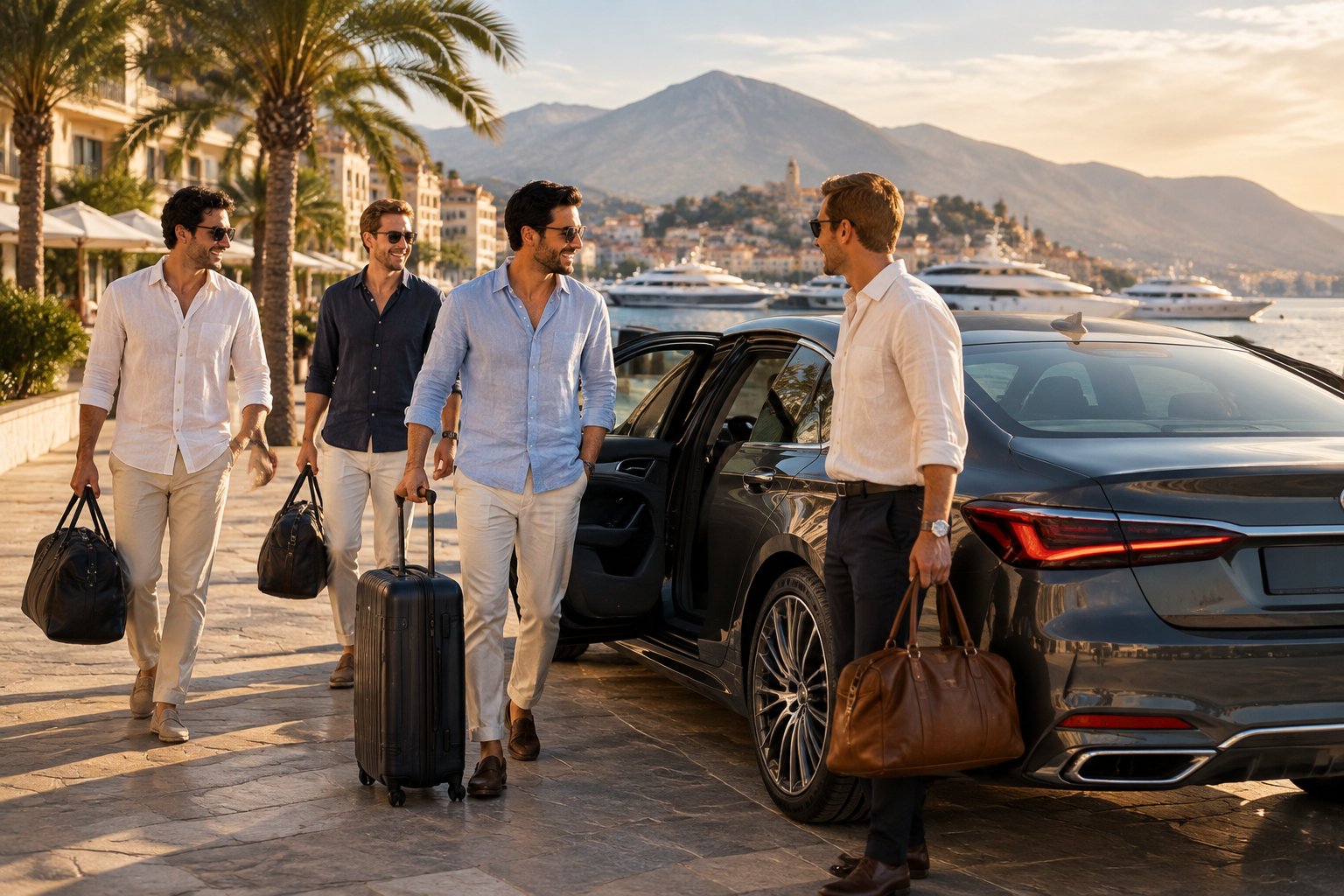 Four friends arrive in a luxury sedan at a sunny Mediterranean marina.