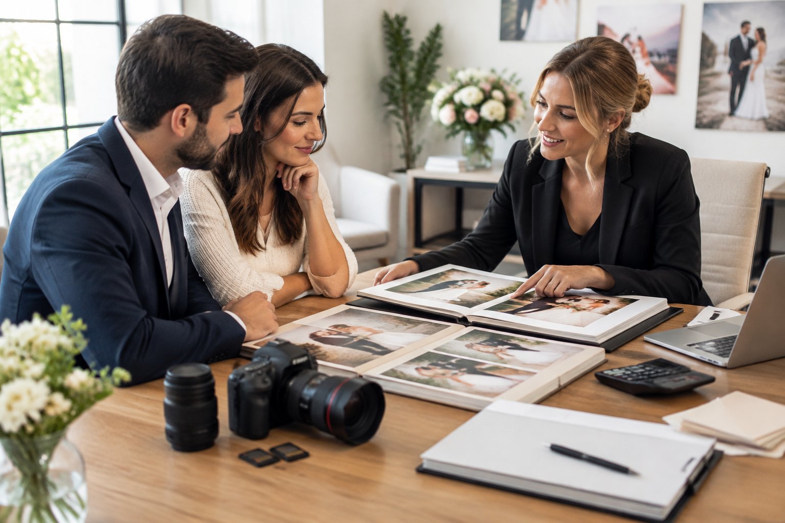 A wedding photographer discusses service options and budgeting with an engaged couple at a studio desk.