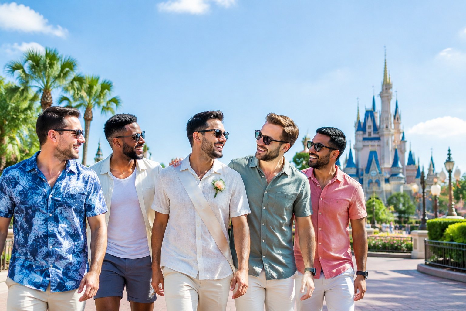 A groom and his friends enjoy a celebratory day at a colorful themed amusement park.