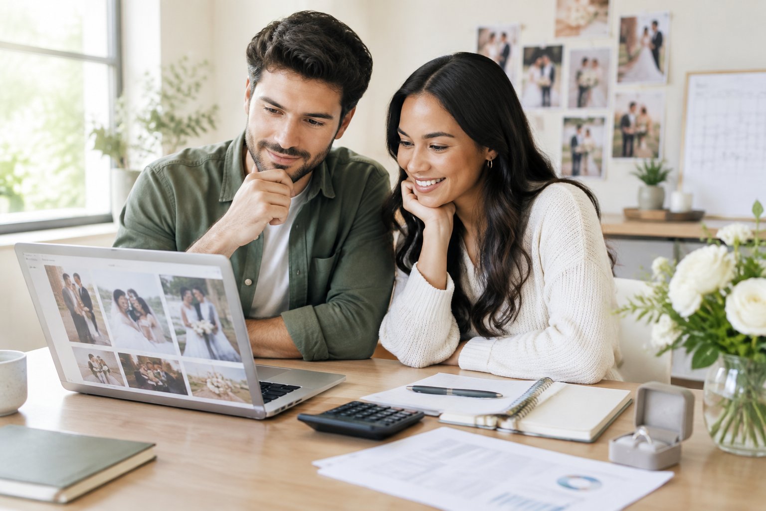 An engaged couple reviews wedding photography options and budget materials at a table.