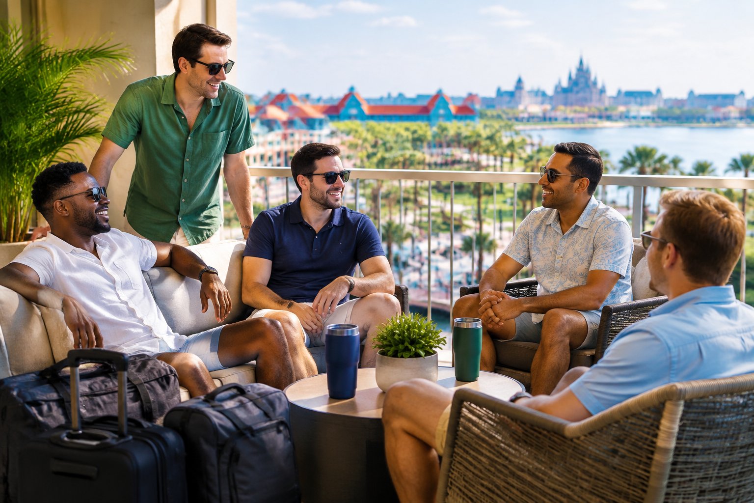 A group of friends relaxes together on an upscale resort terrace near a Disney destination.