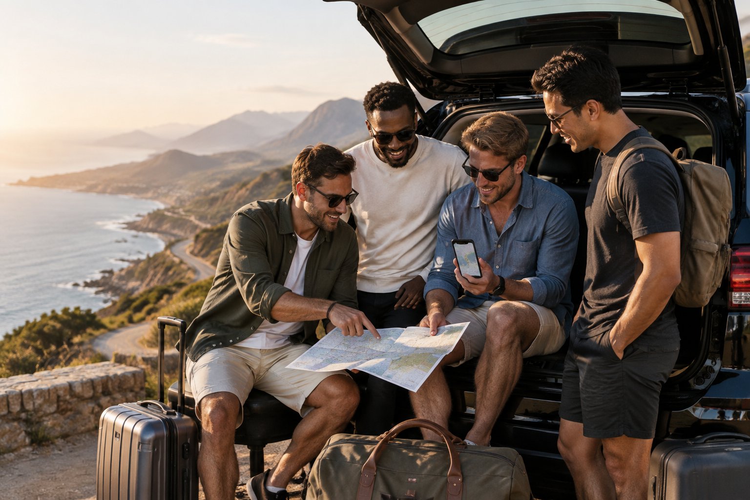 Friends plan a bachelor party road trip beside a luxury SUV at a scenic overlook.