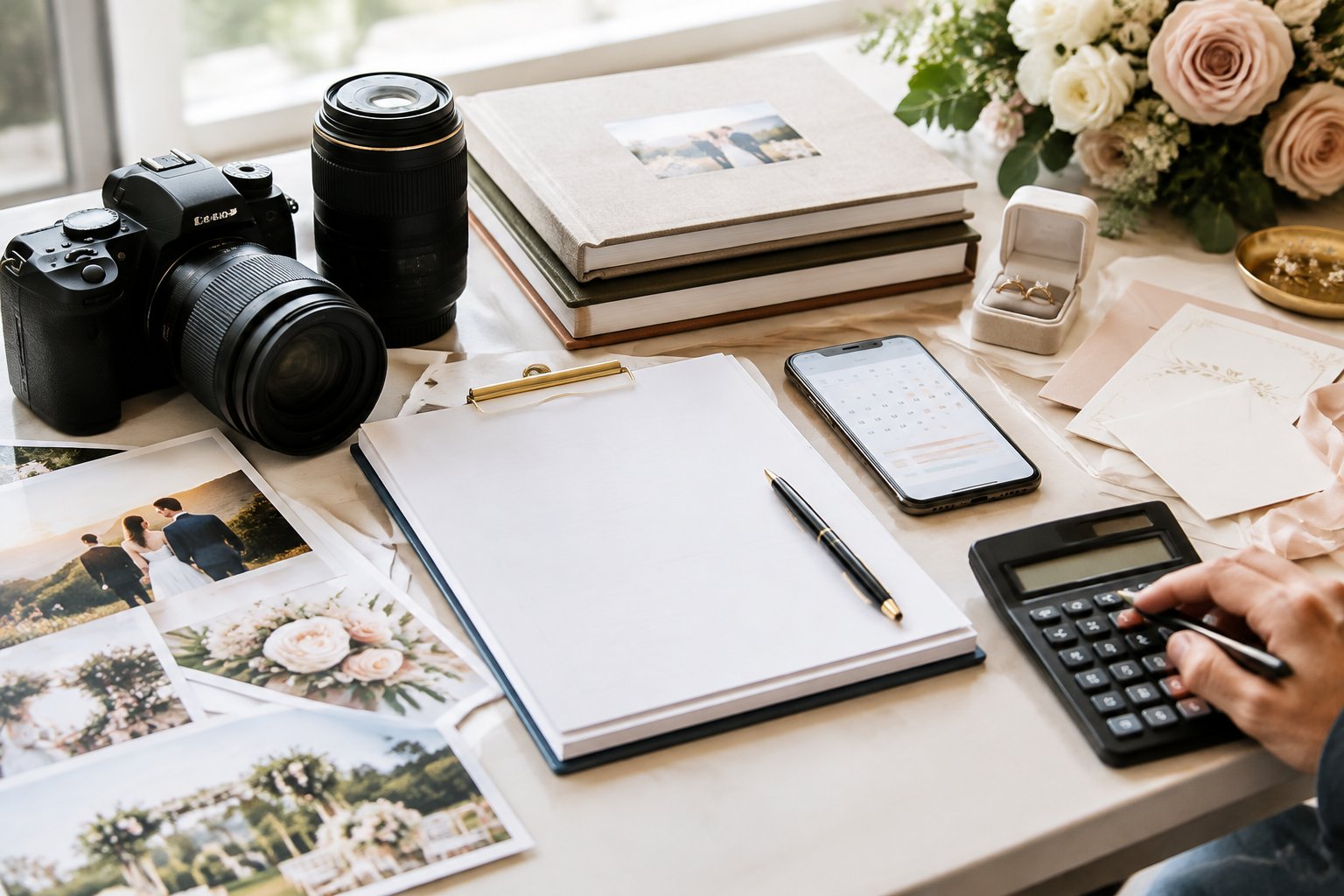 Wedding photography equipment, albums, contracts, and planning items arranged on a table.