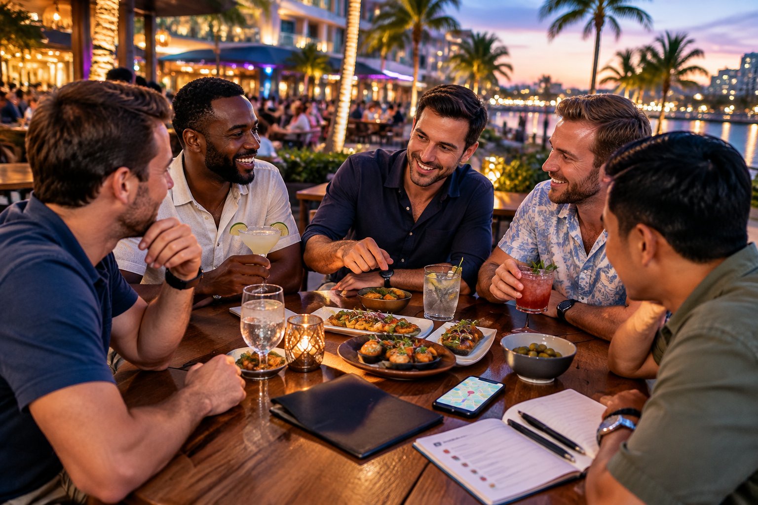A group of friends enjoys drinks and shared appetizers at an upscale outdoor restaurant in a lively nightlife district.