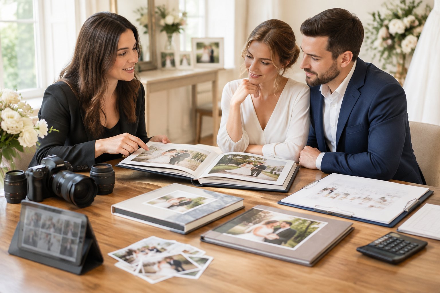 A wedding photographer discusses photography package options with an engaged couple at a table surrounded by albums, prints, and camera equipment.