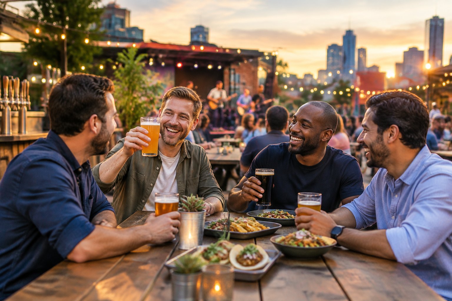 A group of friends sharing craft beer and food while enjoying live music at an outdoor beer garden.