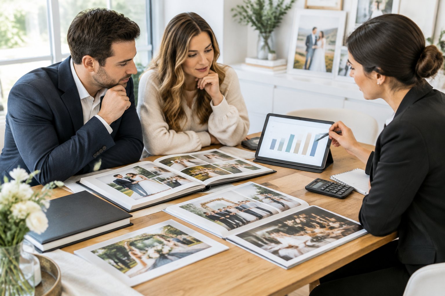 An engaged couple compares wedding photography packages with a photographer at a consultation table.