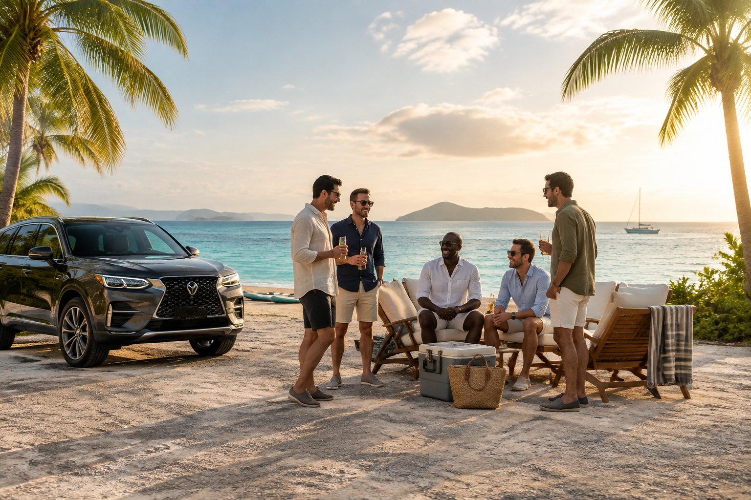 A group of friends relaxes beside a luxury SUV on a sunny tropical beach with turquoise water.