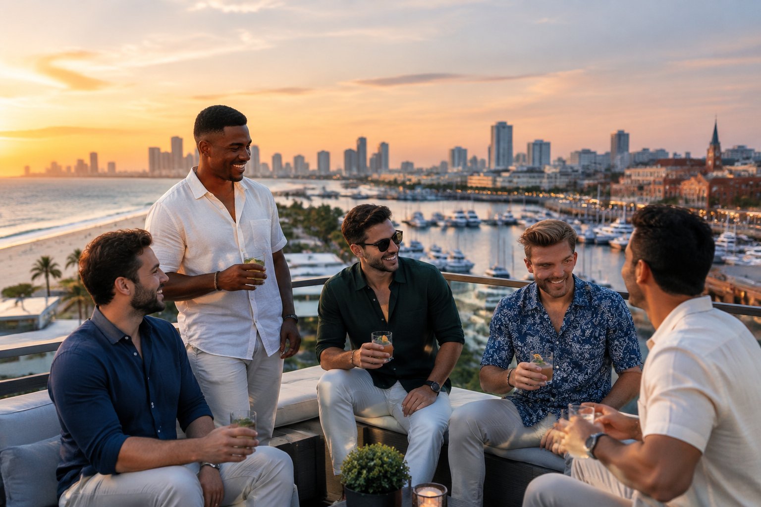 A group of friends celebrating together on a rooftop overlooking a coastal city and beach.