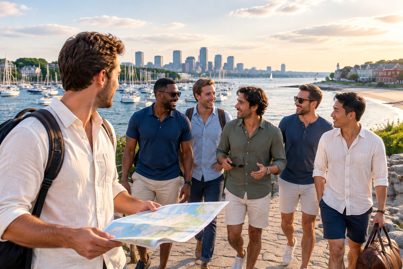 A group of friends plans a bachelor party together at a scenic coastal destination.