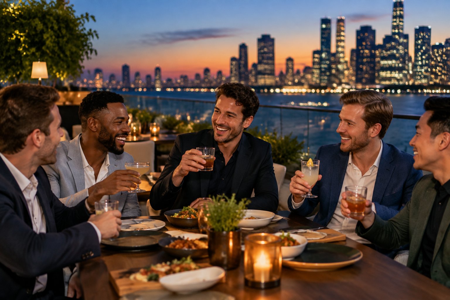 A group of friends enjoying dinner and drinks at a rooftop restaurant overlooking a glowing city skyline at night.