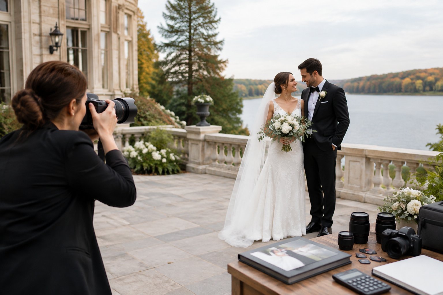A wedding photographer takes pictures of a newlywed couple at an elegant reception while camera equipment sits nearby.
