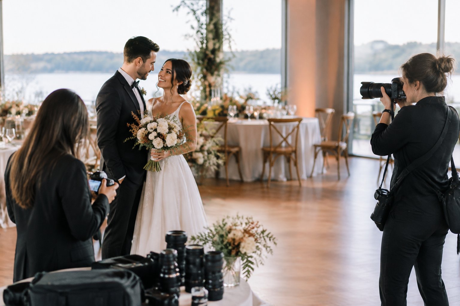 A wedding photographer captures a couple during an elegant wedding celebration.