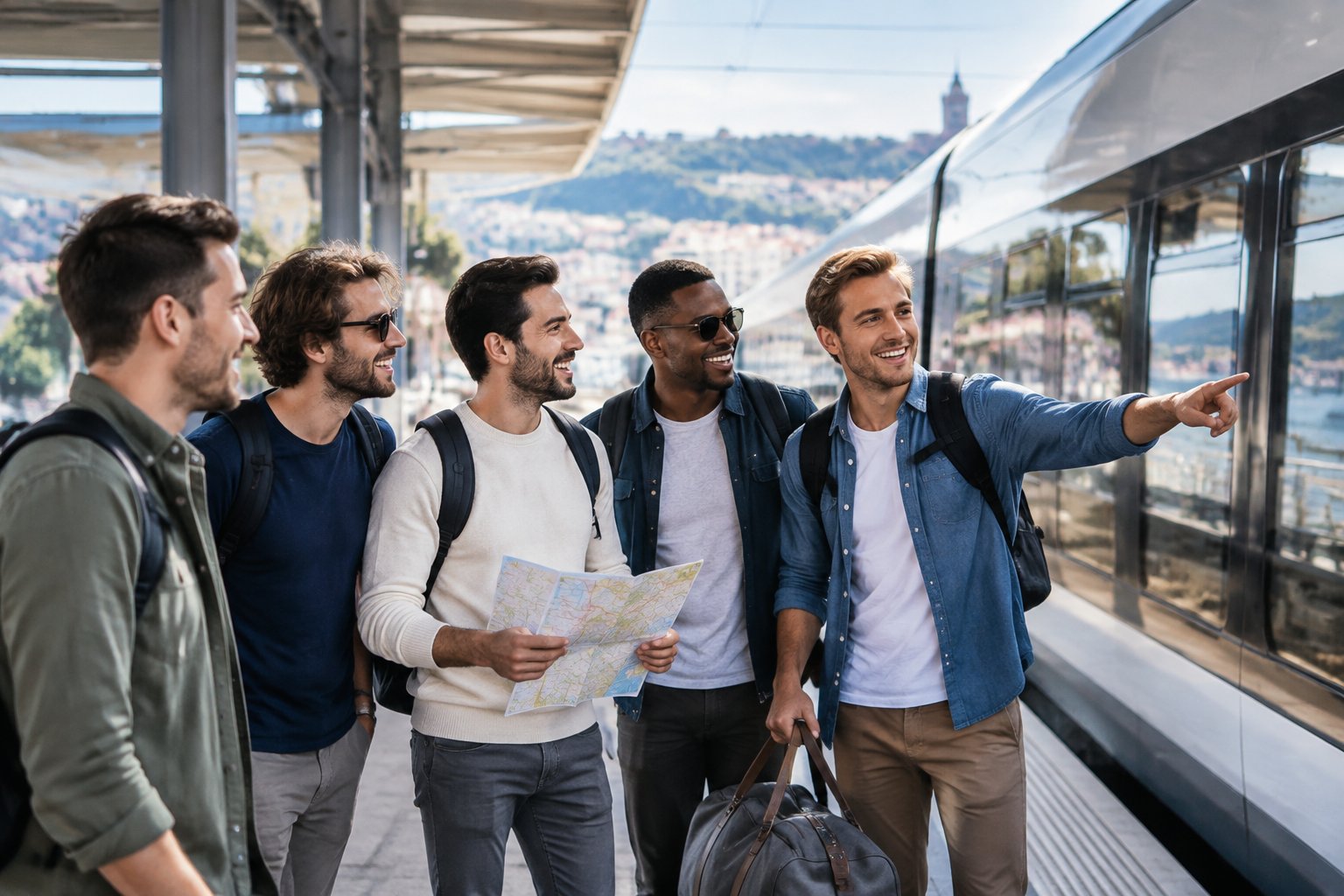 A group of friends with weekend bags gathers beside a passenger train before a bachelor party trip.