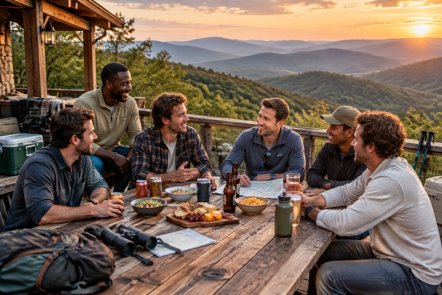 A group of friends gathers on a mountain lodge terrace overlooking forested hills at sunset.