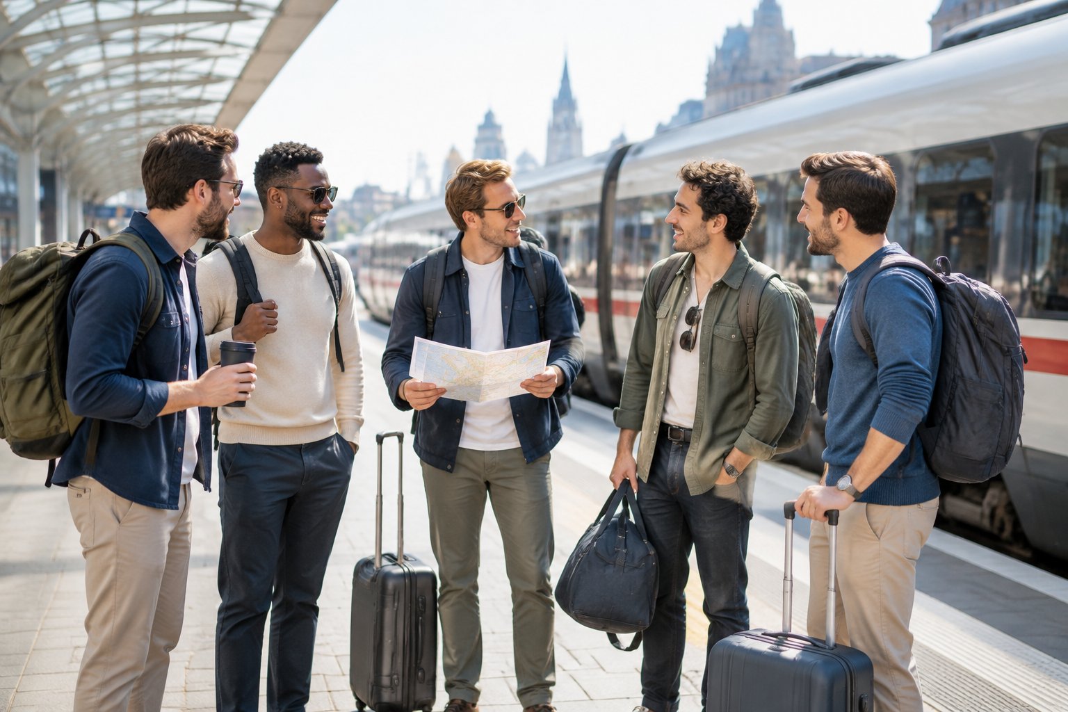 A group of friends with weekend luggage gathers beside a passenger train at a sunny railway station.