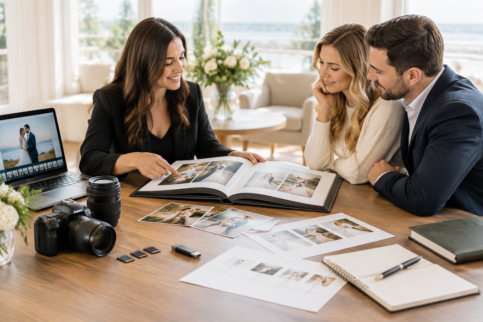 A couple reviews wedding photography samples and camera equipment with a professional photographer.