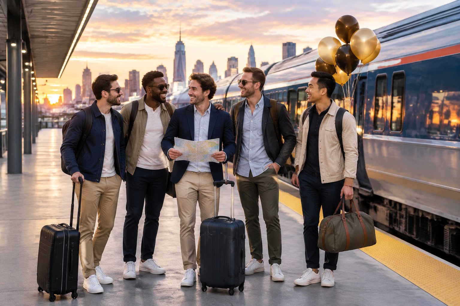 A group of friends celebrates beside a passenger train at an urban station with luggage and a city skyline in the background.