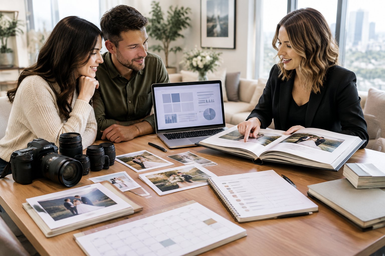 A couple consults with a wedding photographer while reviewing photography packages, albums, camera equipment, and planning materials.