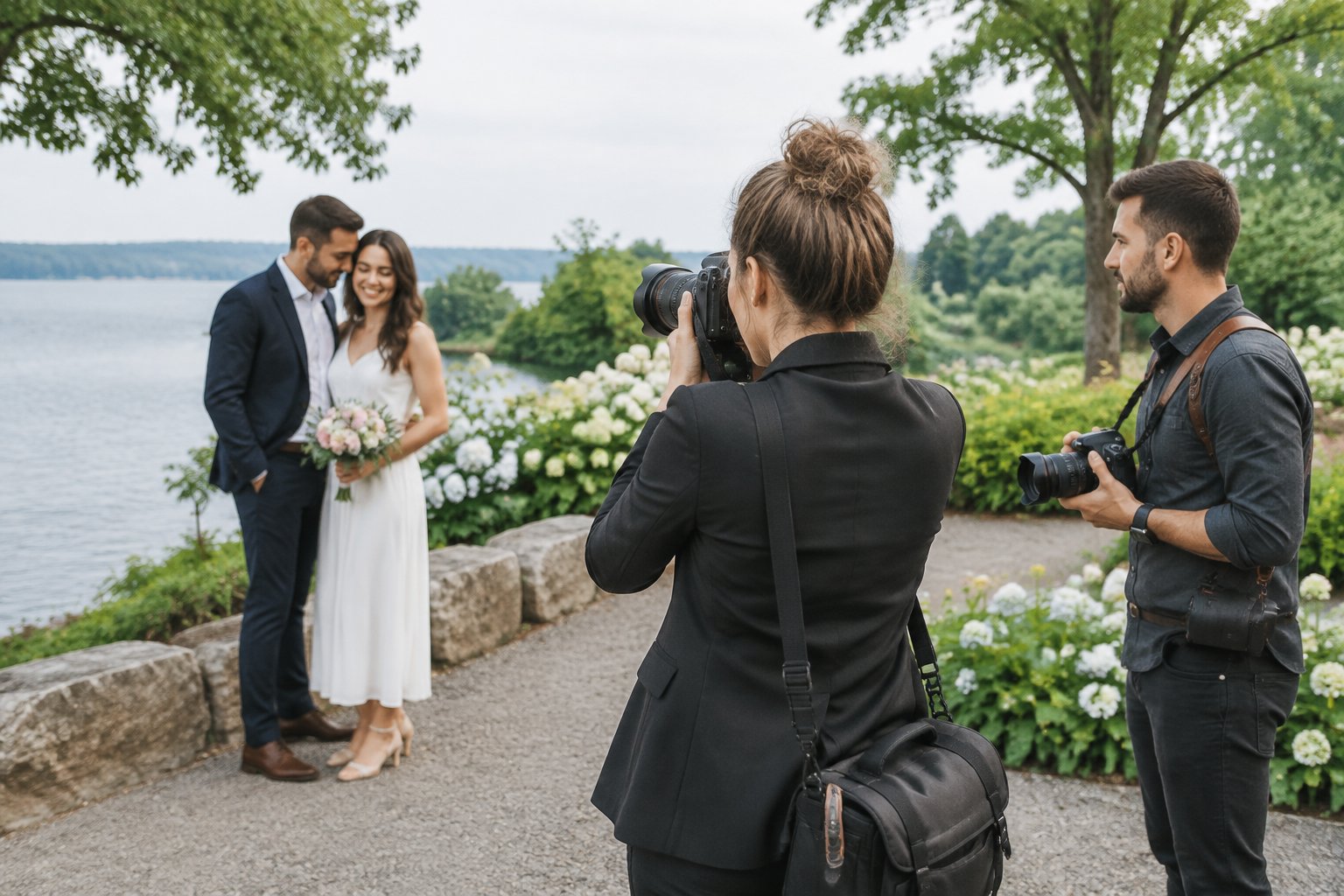 An engaged couple poses outdoors while two wedding photographers capture their engagement session.