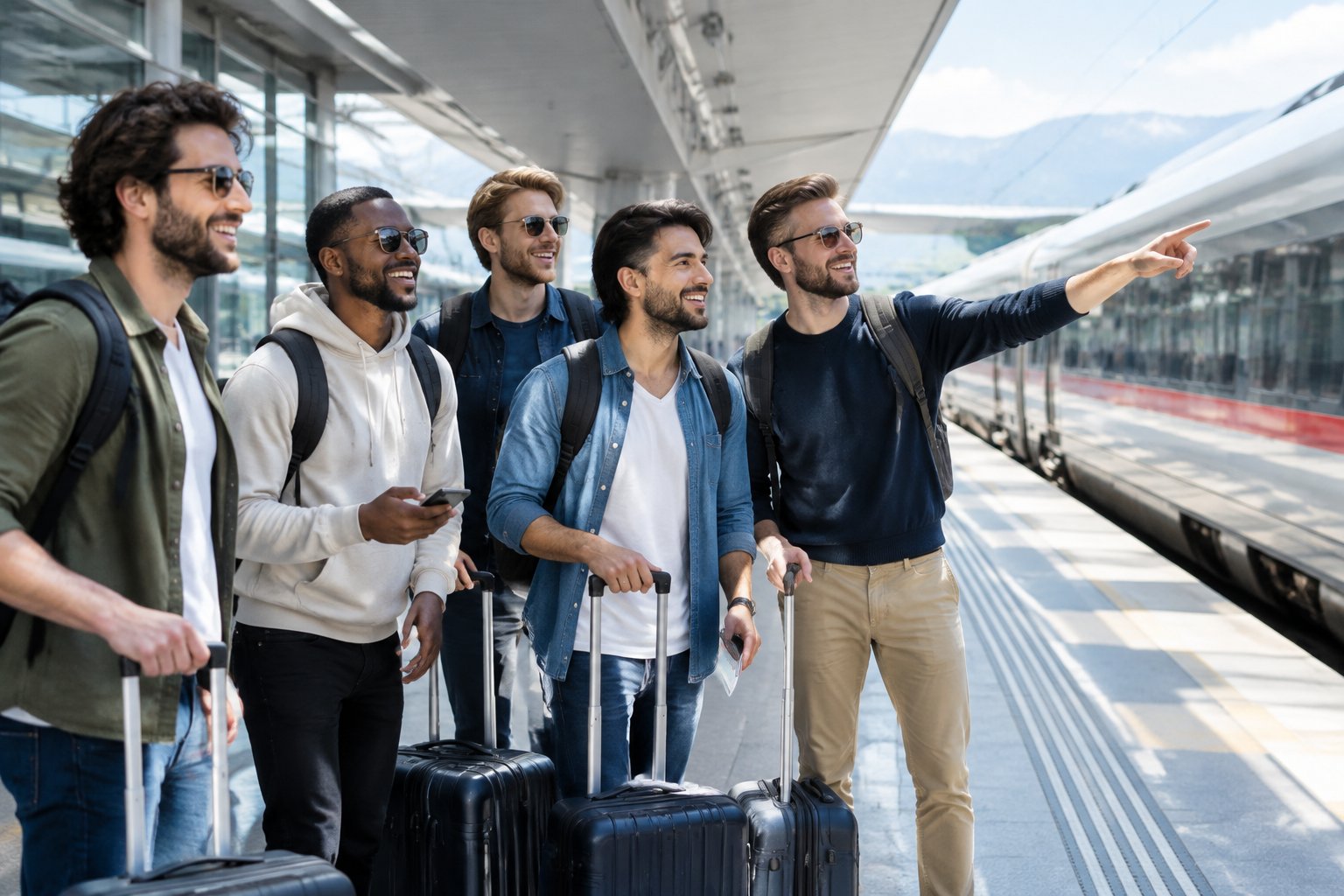 A group of friends gathers with luggage beside a modern train for a bachelor party trip.