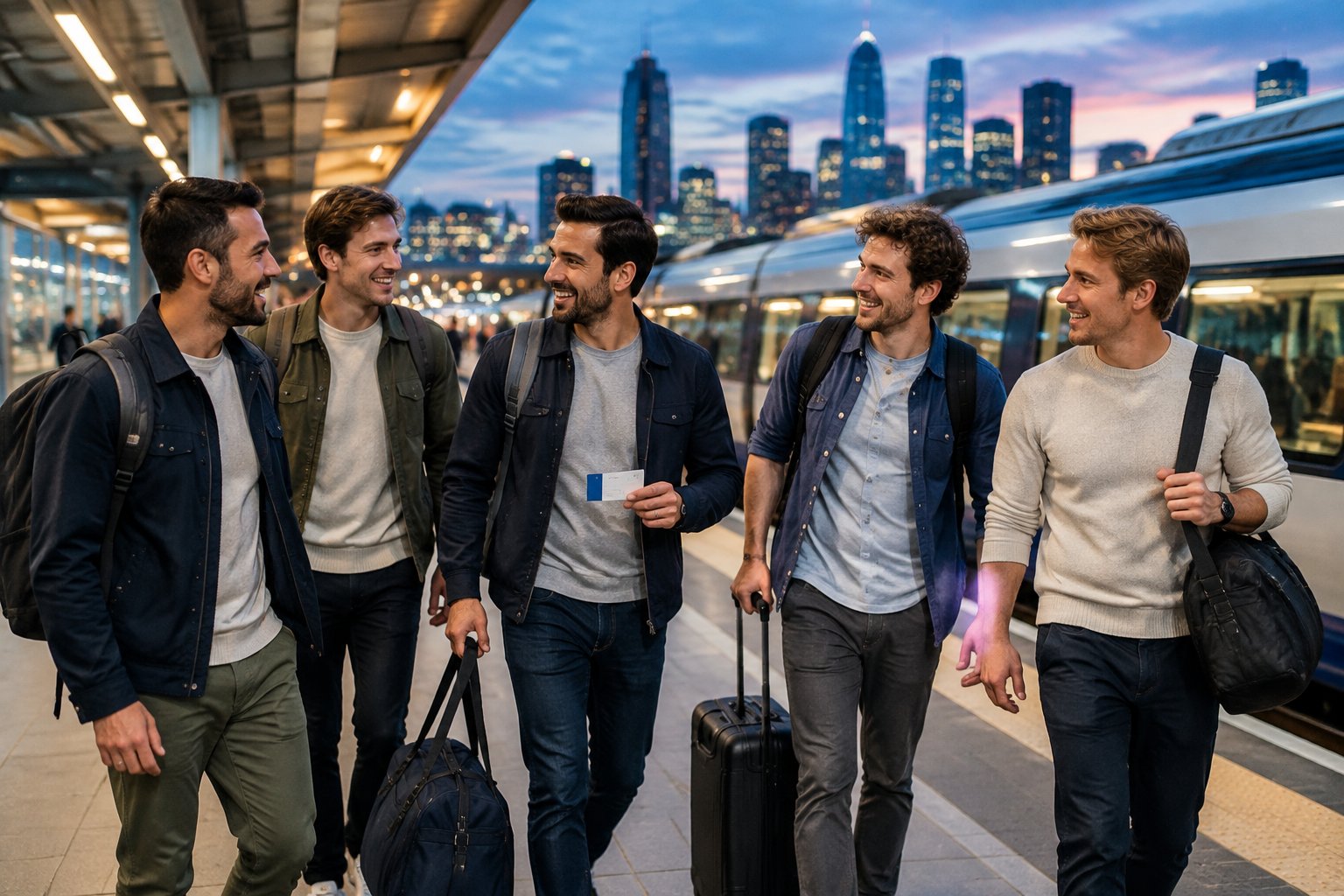 A group of friends gathers with luggage beside a modern passenger train at an urban station.