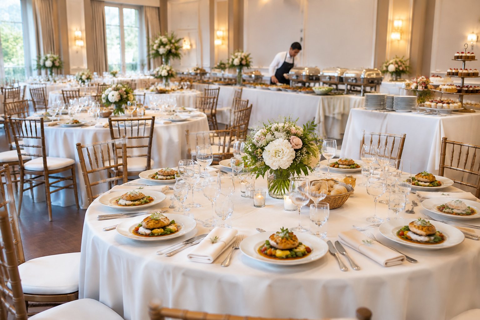 An elegant wedding reception dining area with prepared tables, plated meals, floral centerpieces, and a caterer arranging food.