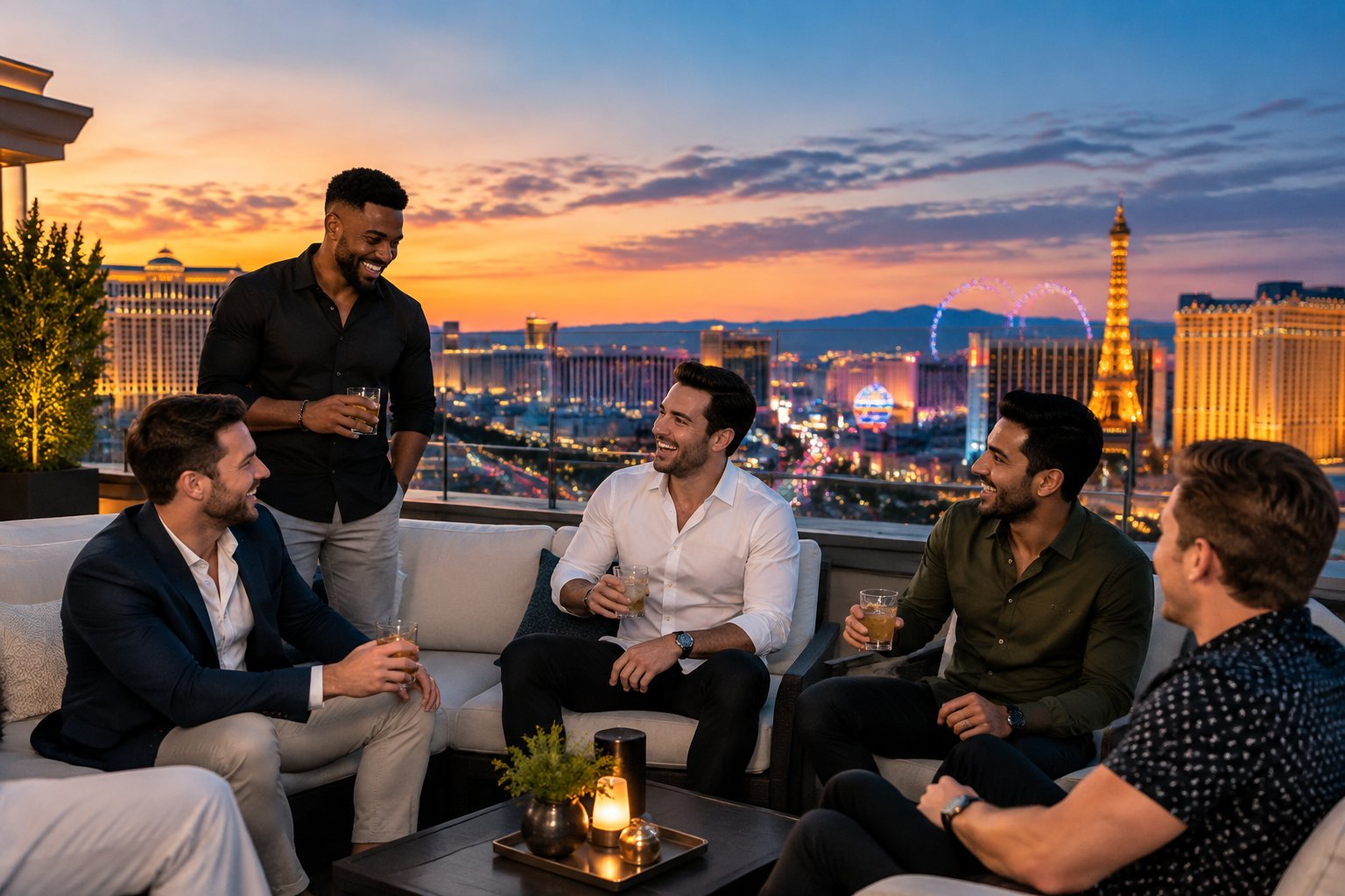A group of friends celebrating together on a rooftop overlooking the Las Vegas Strip at sunset.