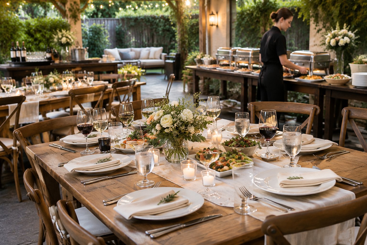 A catered wedding reception set for about 50 guests, with plated food, table settings, and a server arranging the meal.