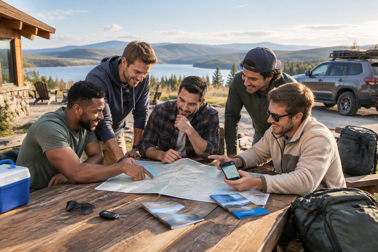 A group of friends gathers outdoors to plan a bachelor party trip using a map and smartphone.