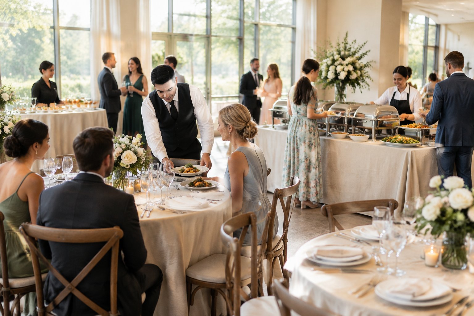 Wedding guests are served dinner at tables beside a self-serve buffet in an elegant reception venue.