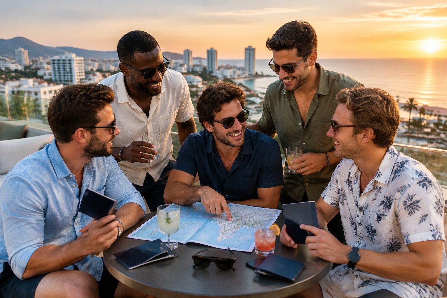 A group of friends celebrating and planning a trip on a rooftop overlooking a coastal city.