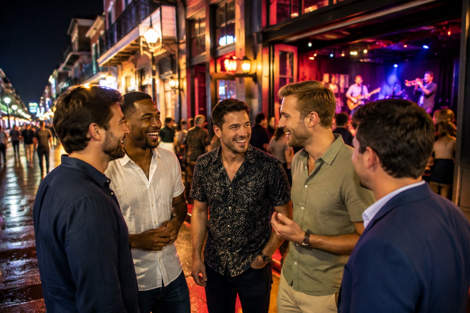 A group of friends enjoying live music and nightlife outside a busy entertainment venue.