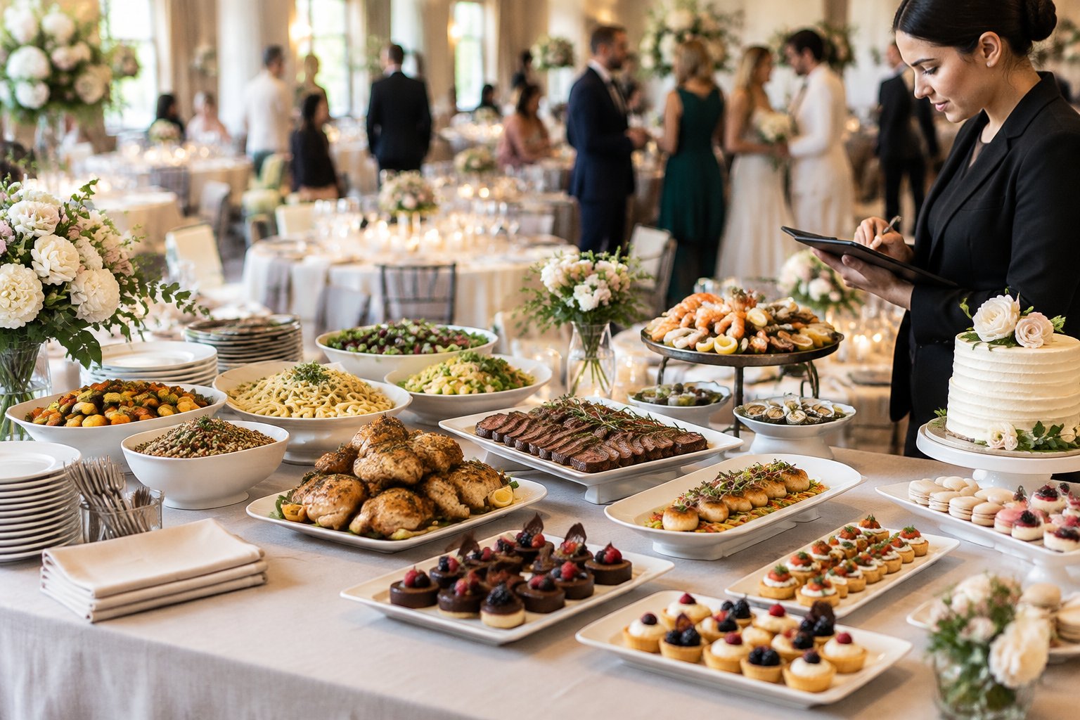 A wedding reception catering display compares simple dishes with premium steak, seafood, appetizers, and desserts.