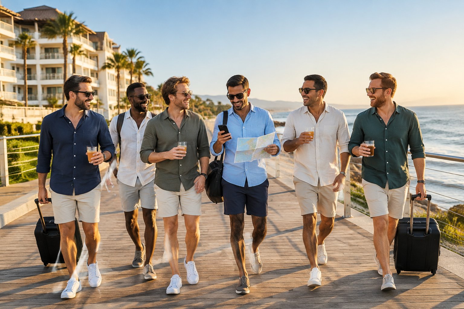 A group of friends celebrating together at a sunny coastal resort during a bachelor party trip.