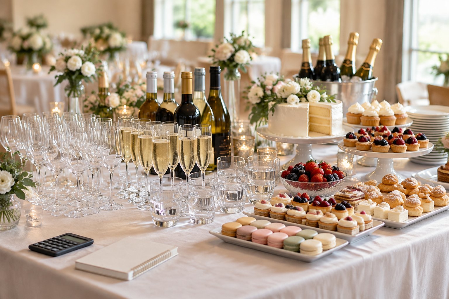 Wedding reception table with drinks, cake, pastries, and a discreet calculator.