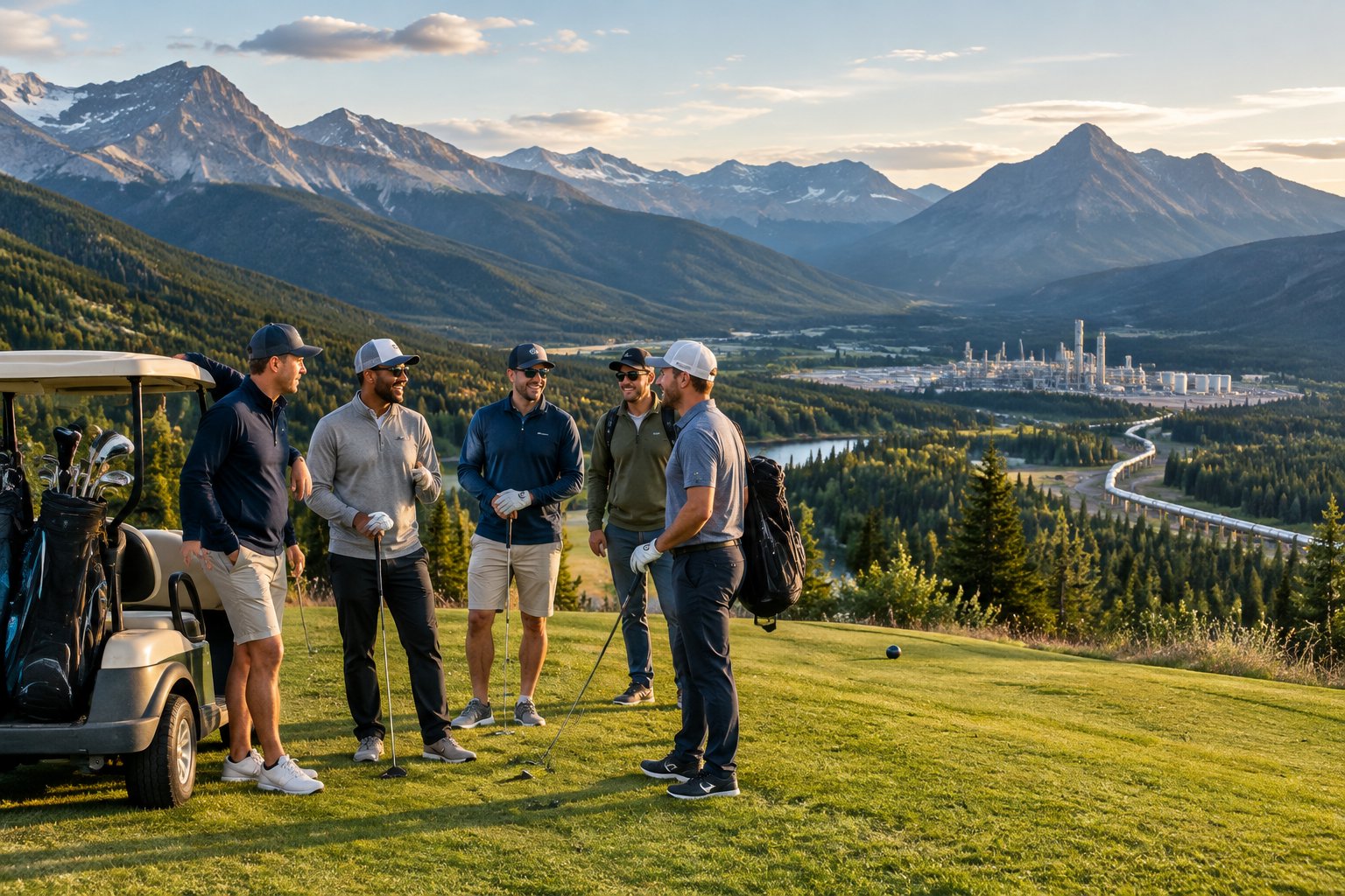 Friends gather beside a golf cart at a mountain golf destination with forested peaks and distant energy infrastructure.