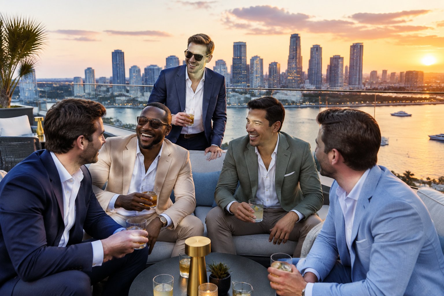 A group of friends celebrating a bachelor party at a rooftop lounge overlooking a city.