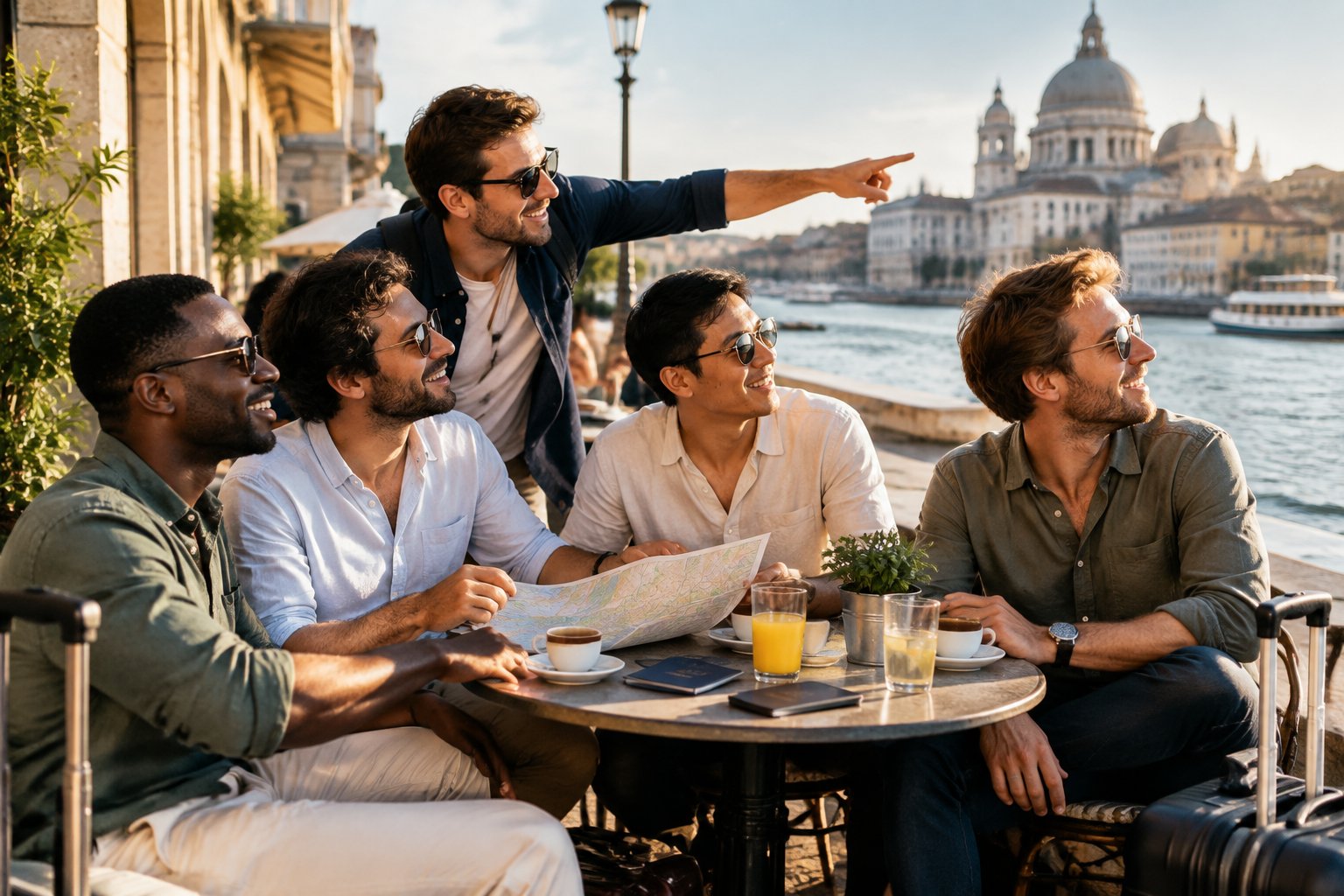 A group of friends discusses travel plans at an outdoor café in a scenic international destination.