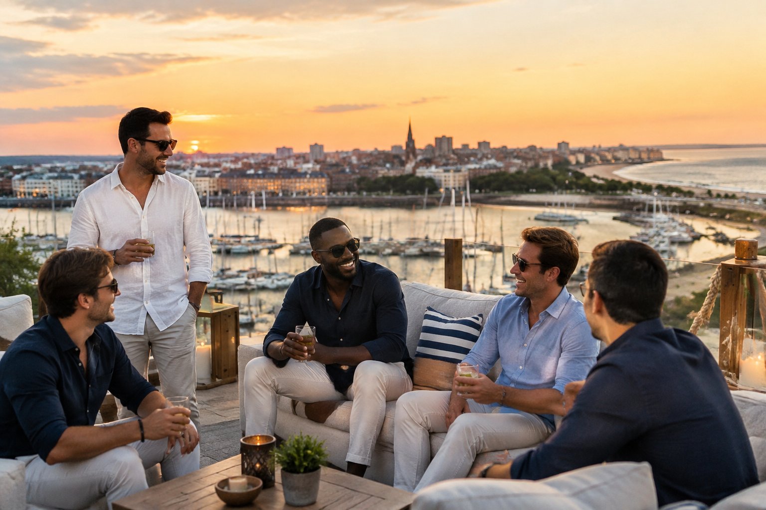 A group of friends enjoying an upscale coastal evening overlooking an East Coast waterfront.
