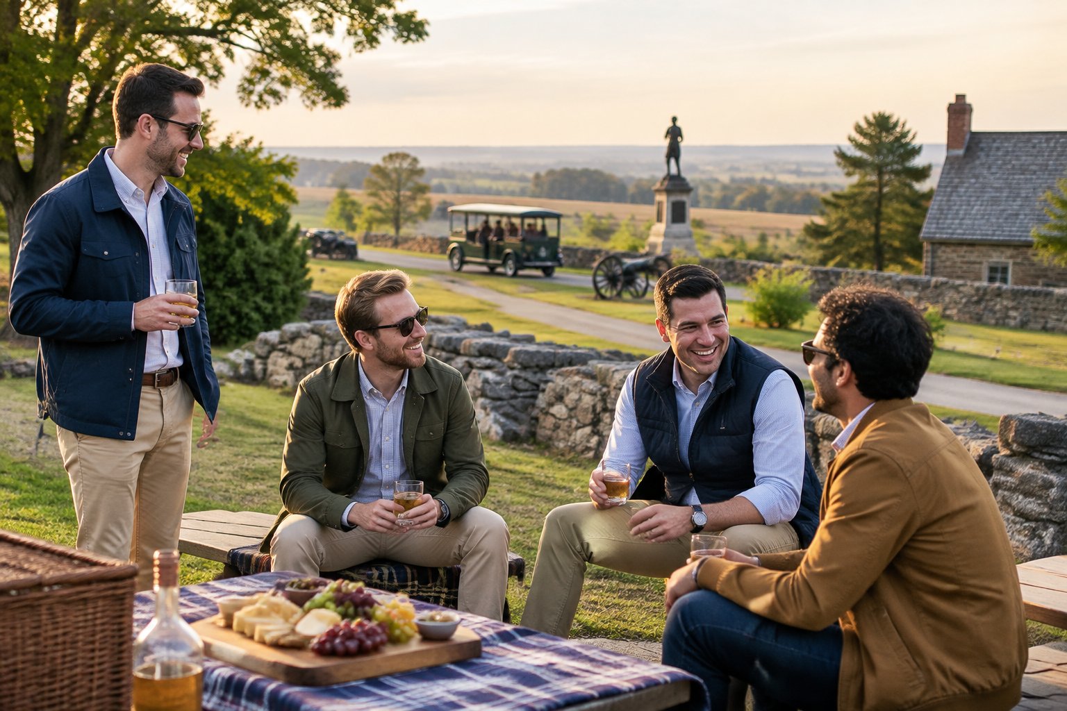 A group of friends enjoying a celebratory outing in the scenic Gettysburg countryside.