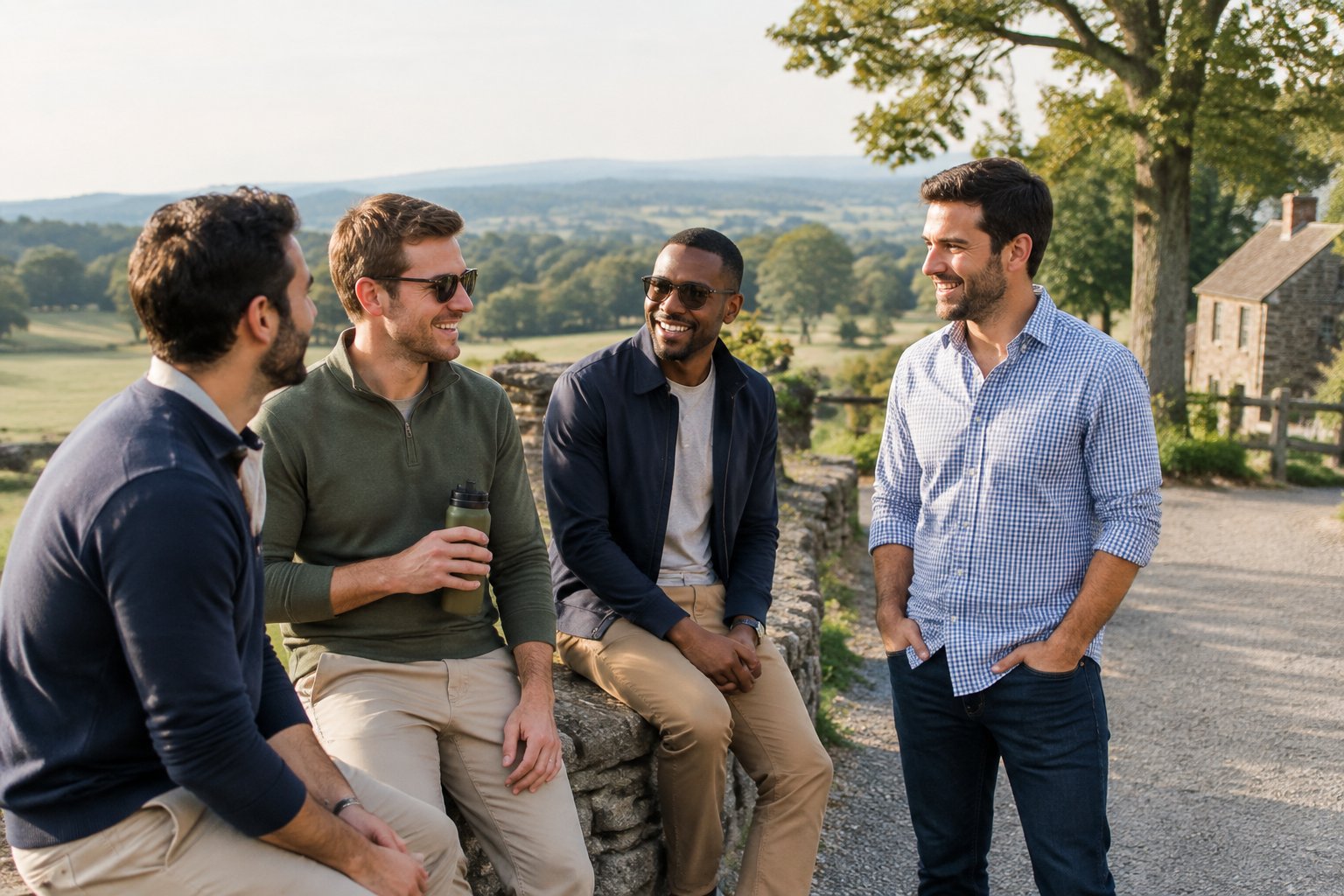 A group of friends enjoying a scenic outdoor bachelor weekend in Gettysburg.