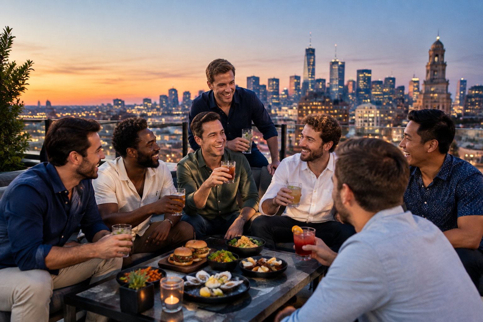 A group of friends enjoys food and drinks together on a rooftop overlooking a glowing city skyline at dusk.